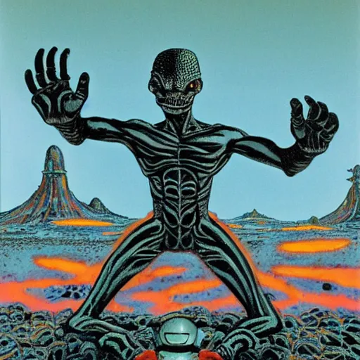 Prompt: an alien meditating in front of a giant black power fist in the center, worshipped by aliens dancing in lava fields by victor moscoso and john berkey