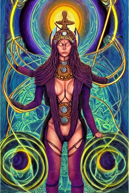 Image similar to ancient mystic time lord, archon, attractive female, character design, painting by steve ellis, alex grey, liss frank, the simpson, mc escher, carl larsson, tom of finland