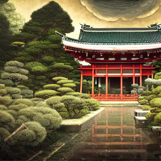Prompt: traditional shinto garden, photorealistic, baroque, renaissance, by emedios varo and anato finnstark and fenghua zhong, hyperrealism, 4 k 8 k, 3 d, masterpiece, texture, captivating, awe inspiring