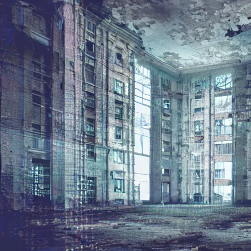 Prompt: realistic photograph of an abandoned building interior glitching through reality, glitch art