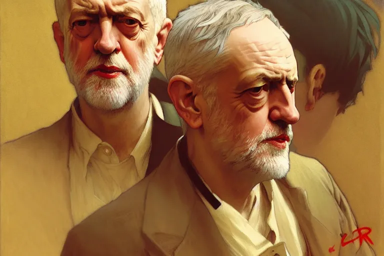 Image similar to jeremy corbyn, nier autoamata, highly detailed painting by ilya kuvshinov, alphonse mucha, gaston bussiere, craig mullins, j. c. leyendecker 8 k