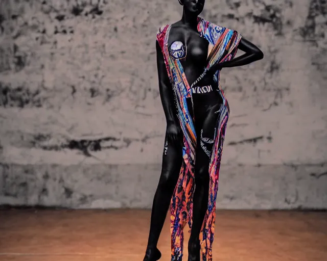 Image similar to very very beautiful dark black marble statue of a beautiful woman with colorful motocross logos on the wall behinder in the background in the style of virgil abloh, dark soft lighting, cinematic, detailed, off white, heron preston, 8 k, 4 k, detailed, beautiful, symmetrical, vogue, editorial, fashion, magazine, museum lighting, night time, dark