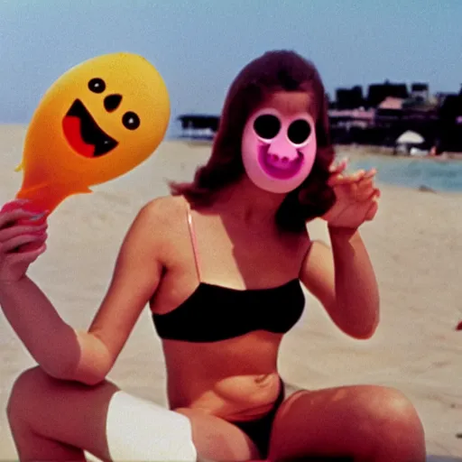 Prompt: 1976 woman wearing a smiley prosthetic mask with long snout nose and nostril, soft color wearing a swimsuit at the beach 1976 holding a an inflatable fish color film 16mm Almodovar John Waters Russ Meyer Doris Wishman old photo