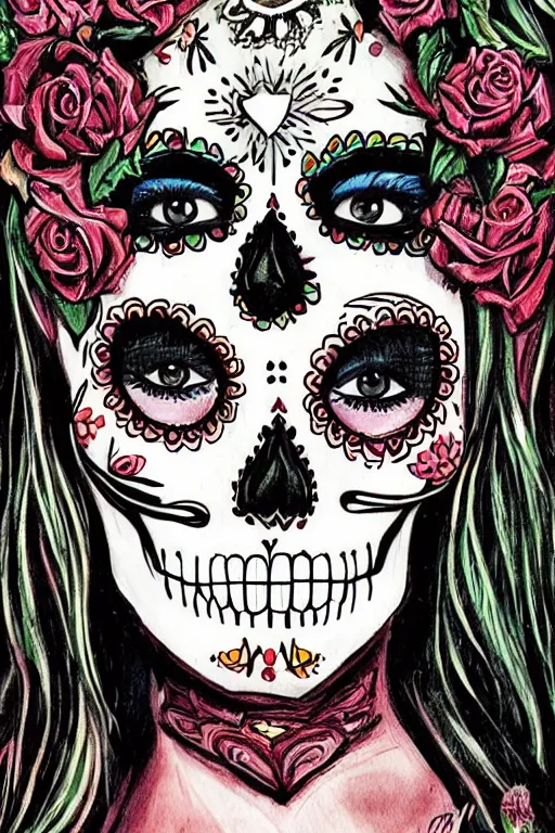 Image similar to illustration of a sugar skull day of the dead girl, art by neil gaiman