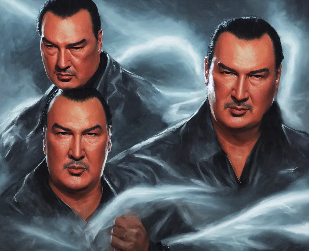 Image similar to dramatic portrait of Steven Seagal from above the law, bloomed lighting, angelic, futuristic, beautiful colors, slightly golden, very sharp likeness, very detailed, chopping hands, electrical details, cinematic lighting high details, 4k, 8k, trending on artstation, ultra-realism