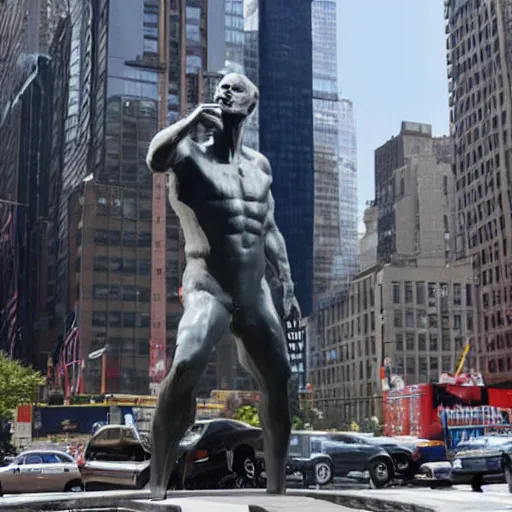Prompt: a sculpture of putin standing in the middle of a street in new york city,