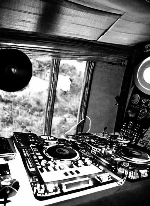 Prompt: a analogue photo of an African tribal dj performing on a spaceship, earth seen from window, black & white, wide angle, grungy