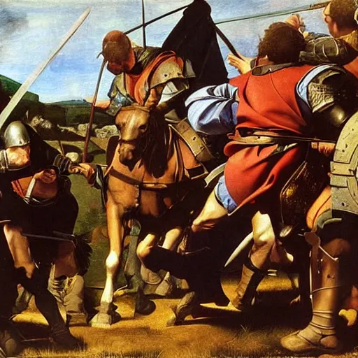 Prompt: A clash between medieval armies in Tuscany by Caravaggio, oil painting, trending on ArtStation