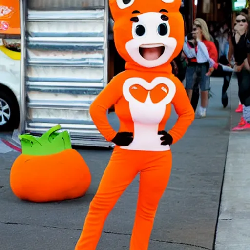 Image similar to ariana grande in a carrot mascot suit