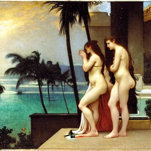 Prompt: Silhouette of five girl at the palace, thunderstorm, greek pool, beach and palm trees on the background major arcana sky, by paul delaroche, alphonse mucha and arnold böcklin arnold böcklin hyperrealistic 8k, very detailed