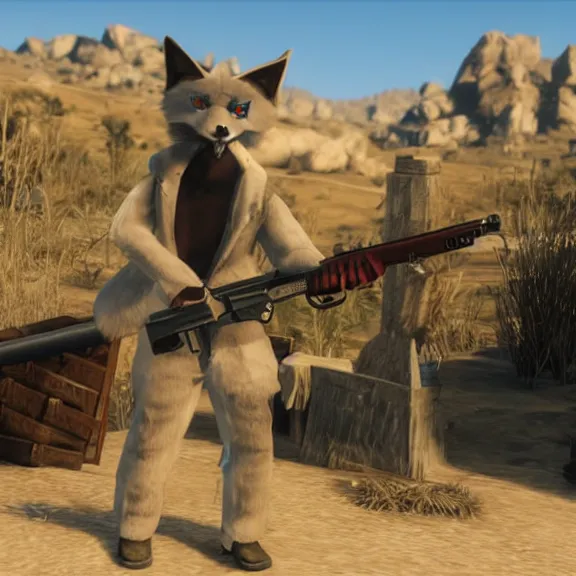 Prompt: a blue fennec fox furry in a fursuit in red dead redemption 1 holding a gun to his temple
