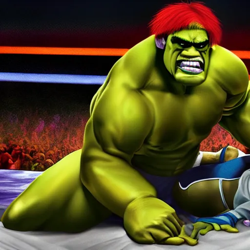 Prompt: Xavier Renegade Angel wrestling Hulk Hogan at Madison Square Garden, hyperrealistic, photorealistic, hdr, 4k, ultra hd, highly detailed, cinematic lighting