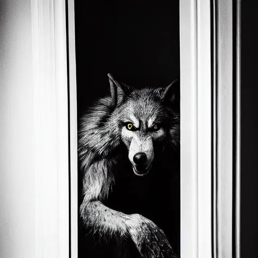 Image similar to photograph of a werewolf in the door frame of a bedroom, black and white, creepy, blurry