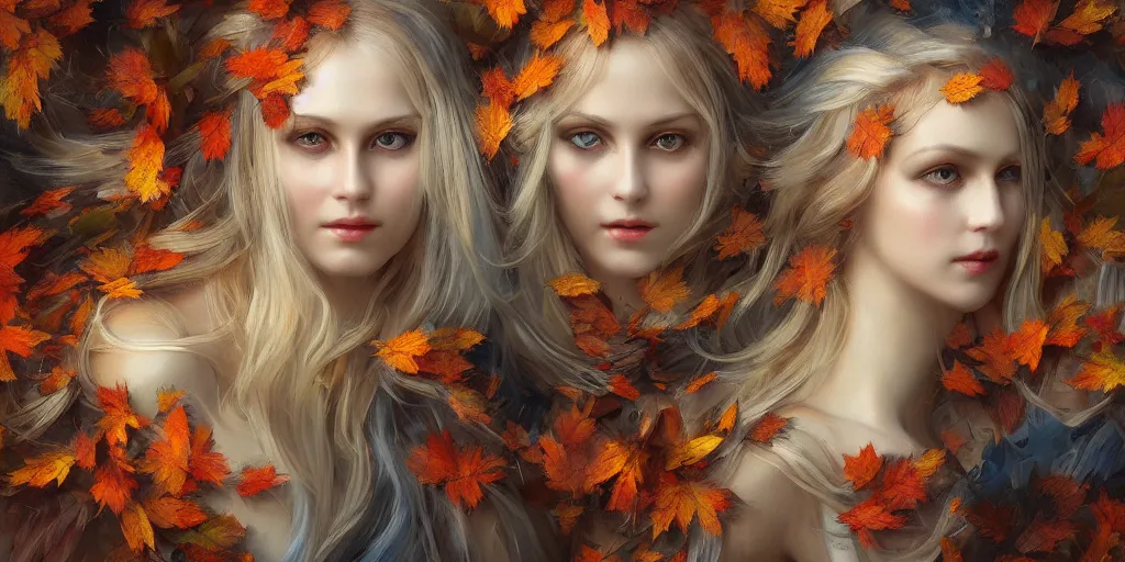 Image similar to breathtaking detailed concept art painting art deco pattern of blonde goddesses faces amalgamation autumn leaves, by volegov, bizarre compositions, exquisite detail, extremely moody lighting, 8 k