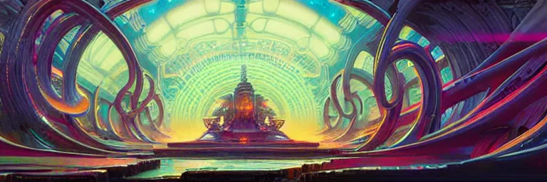 Image similar to a sprawling miniature cybernetic temple, surrounded by fractals, cybernetic faces, vaporwave aesthetic, colorful, psychedelic, digital painting, artstation, concept art, smooth, sharp focus, illustration, art by artgerm and greg rutkowski and alphonse mucha