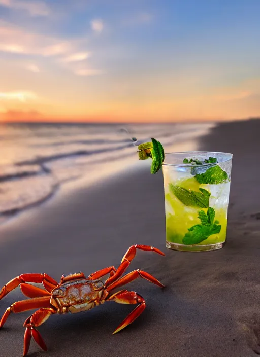 Prompt: photo of a crab drinking a mojito at the beach, golden hour, Breathtaking, 8k resolution, extremely detailed, beautiful, establishing shot, artistic