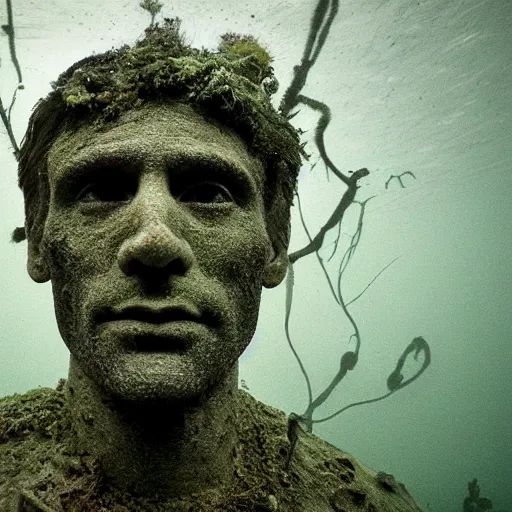 Image similar to Award-winning photograph by Mar Mann. The photo depicts a decaying roman bust of Jim Carrey overgrown with moss at the bottom of the sea in the middle of ruins of civilization. Minimalism, high definition, perfect composition. Deep sea picture. Very dark. Volumetric Lighting. Fish. Darkness. Ruins