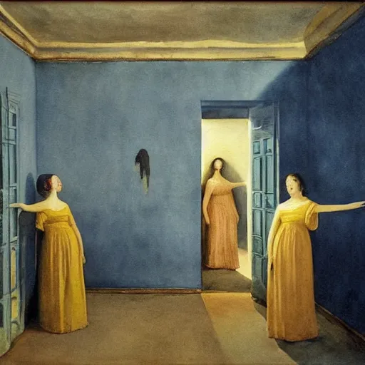 Prompt: procession of women in a blue and gold haunted liminal abandoned temple, watercolor by gottfried helnwein, by hammershøi, art noveau, highly detailed, lights by edward hopper, liminal, eerie, bright pastel colors