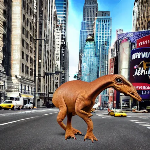 Prompt: realistic photograph of a parasaurolophus in the middle of a busy street new york