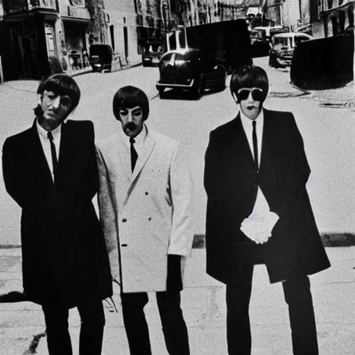 Image similar to the beatles as members of the italian mafia, 1 9 6 0, black and white, grainy