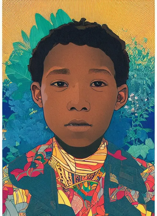 Image similar to colourful upper half portrait of an african boy - in japanese retro poster illustration style, magazine collage art by hsiao - ron cheng & alphonse mucha, magazine collage, highly detailed, digital painting, illustration, smooth, sharp focus, intricate, clustered, busy, pinterest, behance,