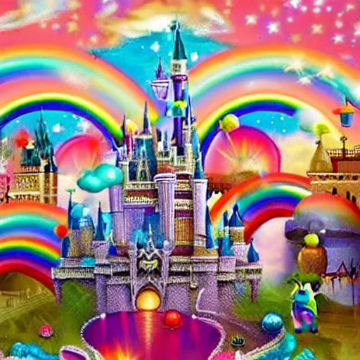 Prompt: a whimsical magical kingdom made up of clouds and rainbows, covered in shining stars