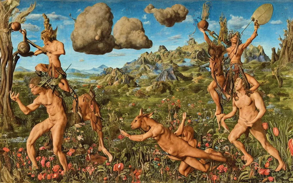 Image similar to a portrait photograph of a meditating satyr and a centaur monk riding a rocket machine and hunting at a river delta. surrounded by bulbous flowers and trees. mountain range under a blue sky of fiery stars. by jan van eyck, max ernst, ernst haeckel, ernst fuchs and artgerm, cgsociety, fashion editorial, 8 k