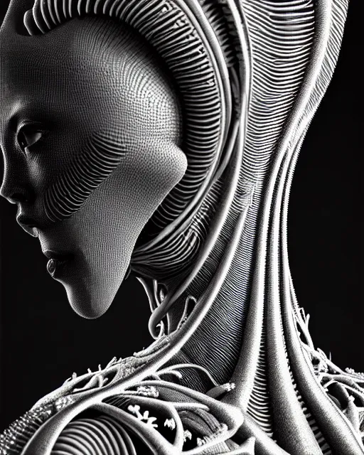 Image similar to mythical black and white organic biomechanical spinal ribbed face portrait detail of mechanical beautiful female vegetal-cyborg, highly detailed, intricate ornate, poetic, 3D render, digital art, octane render, 8K artistic photography, photo-realistic, by Man Ray