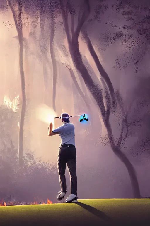 Image similar to close-up of an athletic golf player in a lush golf course with automatic watering, low angle, magical lights, golden hour, surrounded by burning forests, smoke from the fire, digital painting, cinematic, 4k, forest ray light, particles light, ilya kuvshinov, Greg Rutkowski, Beeple