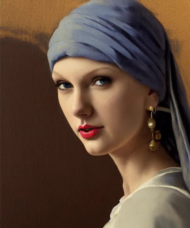 Image similar to Taylor Swift as the girl with the pearl earring, highly detailed, digital painting, artstation, concept art, smooth, sharp focus, illustration, ArtStation, art by artgerm and greg rutkowski and alphonse mucha and J. C. Leyendecker and Edmund Blair Leighton and Katsuhiro Otomo and Geof Darrow and Phil hale and Ashley wood and Ilya repin and Charlie Bowater