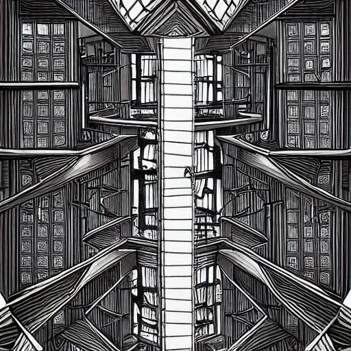 Image similar to a giant spider in a huge bright maze of many doorways and lots of stairs, many doorways, inside MC Escher architecture, artstation, Junji Ito, epic composition