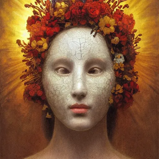 Image similar to masterpiece painting of a facemask made of flowers, by annie swynnerton and jean delville and tino rodriguez, flower mask, symbolist, dramatic lighting, god rays, elaborate geometric ornament, clean crisp graphics, soft cool colors, smooth, sharp focus, extremely detailed