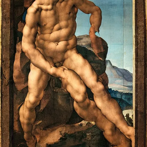 Prompt: a man looking in the distance from the top of a mountain, michelangelo, 1 4 5 0