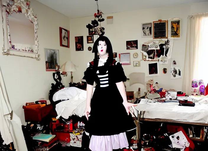 Prompt: goth girl in a maid outfit, cluttered bedroom, 2 0 0 6