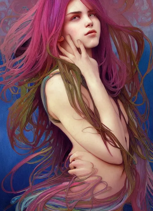 Image similar to a young woman with beautiful rainbow hair. she looks very sad, crying. beautiful painting by artgerm and greg rutkowski and alphonse mucha