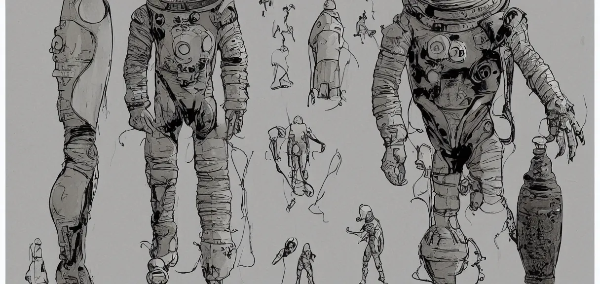 Image similar to male, full body, space suit with a modern helmet, large shoulders, short torso, long thin legs, tiny feet, character sheet, science fiction, very stylized character design, cartoon proportions, pen and ink, digital painting, watercolor wash, by mike mignola, by alex maleev, jean giraud