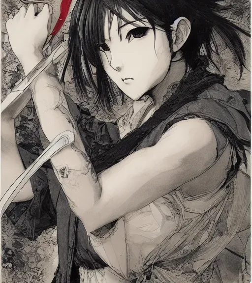 Prompt: full body portrait of anime yandere holding a knife, pen and ink, intricate line drawings, by craig mullins, ruan jia, kentaro miura, greg rutkowski, loundraw