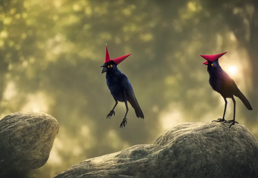 Prompt: a 4k render of a magical crows wearing tiny wizard hats, standing on a rock, warm natural lighting, under the soft shadow of a tree, slight haze