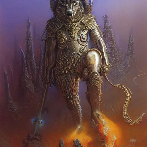 Image similar to anthropomorphic wolf, bismuth rainbow metal armor, standing, cementary, fantasy 3 d render, masterpiece, red aura, by donato giancola and greg rutkowski and wayne barlow and zdzisław beksinski, realistic face