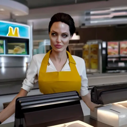 Prompt: Angelina Jolie working as a McDonalds cashier, macro, wide shot, dramatic, octane render, hyperrealistic, HD