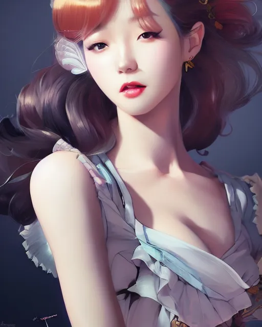 Image similar to a pin up and beautiful fashion charming dreamlike korean girl with low cut dress, character art, art by artgerm lau and kyoung hwan kim and and ilya kuvshinov and john singer sargent, hyperdetailed, 8 k realistic, symmetrical, frostbite 3 engine, cryengine, dof, trending on pixiv, digital art