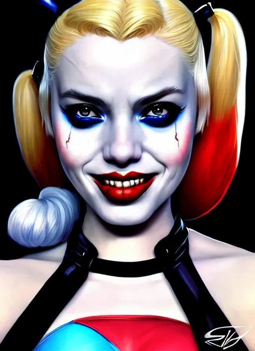 Image similar to high angle photo of harley quinn in the style of stefan kostic, realistic, sharp focus, 8 k high definition, insanely detailed, intricate, elegant, art by stanley lau and artgerm