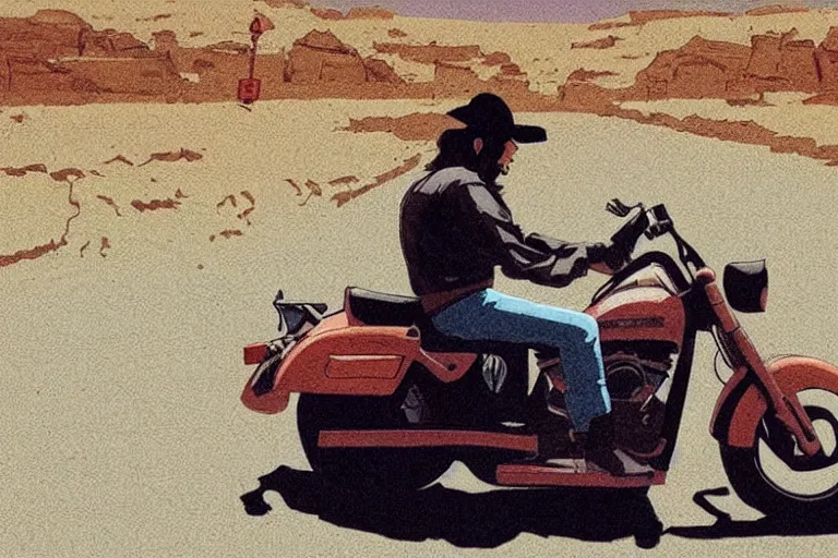 Prompt: cowboy riding a harley davidson in a desert road, medium shot, low angle view, perspective, art by satoshi kon, soft colors