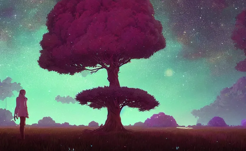 Image similar to A starry landscape with a giant thin tree, Low level, rendered by Beeple, Makoto Shinkai, syd meade, simon stålenhag, environment concept, synthwave style, digital art, unreal engine, WLOP, trending on artstation, 4K UHD image, octane render,