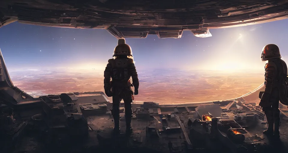 Image similar to a roman soldier standing on the bridge of a space station looks out the window at a burning planet, realistic rendering, unreal engine, 4k, hdr, high dynamic range, f12, simon stalenhag, high tech, star wars cavern interior