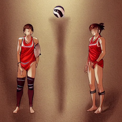 Image similar to anime style, female beach volley player, red sport clothing, on the bach, standing pose, brown short hair, hair down, symmetrical facial features, from arknights, hyper realistic, rule of thirds, extreme detail, 4 k drawing, safebooru, realistic lighting, by alphonse mucha, greg rutkowski, sharp focus, backlit