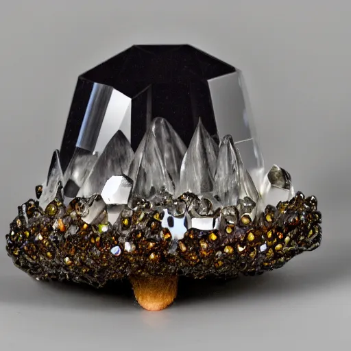 Image similar to a crystal mushroom with jagged crystal structures protruding from the cap, reflective, high detail