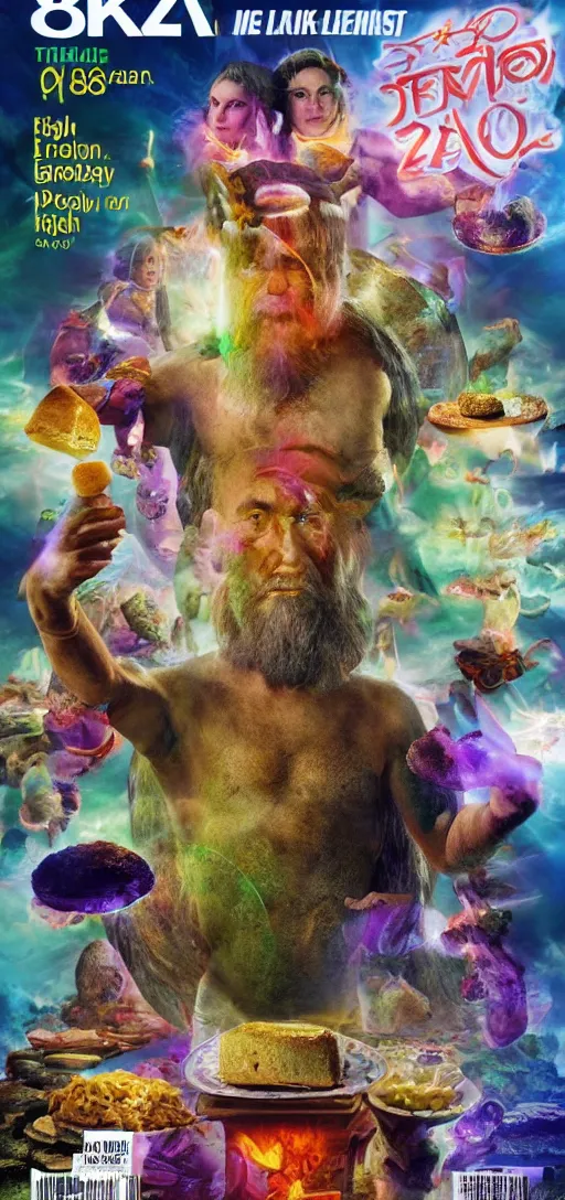 Prompt: an 8 k magazine cover photo shoot color hdr picture of zardoz accessing third eye everlasting magical second level during his 9 6 6 th birthday party along with female friends. everything is of the second level including plates of green bread and hams on the isle of kun lao. volumetric lighting. atmospheric