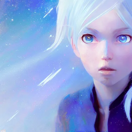 Image similar to portrait of a cute blue-eyed girl with white hair against the background of space, painting by Craig Mullins, octane rendering, soft morning lighting, wide angle lens, in the style of Hayao Miyazaki, trending on artstation,