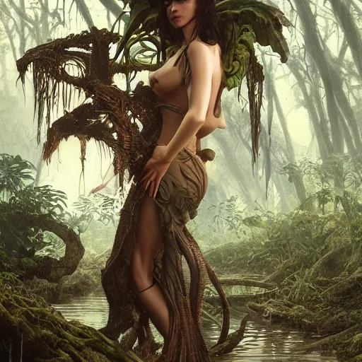 Prompt: swamp monster, 8 k, depth of field, 3 d, art by artgerm and greg rutkowski and alphonse mucha and uang guangjian and gil elvgren and sachin ten